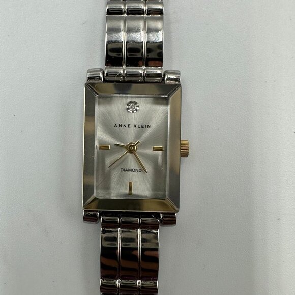 3Anne Klein Diamond Watch Women Silver Tone 16MM Rectangle Case 6.5" Working - Picture 3 of 11